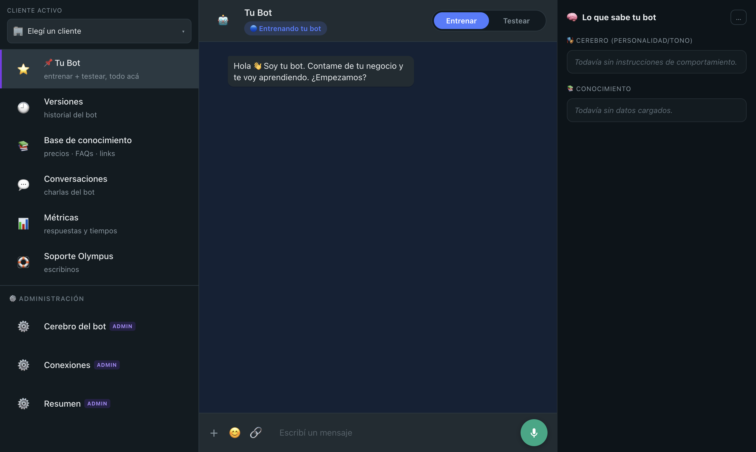 Panel de Pegasus: entrenar y testear tu bot de ventas IA